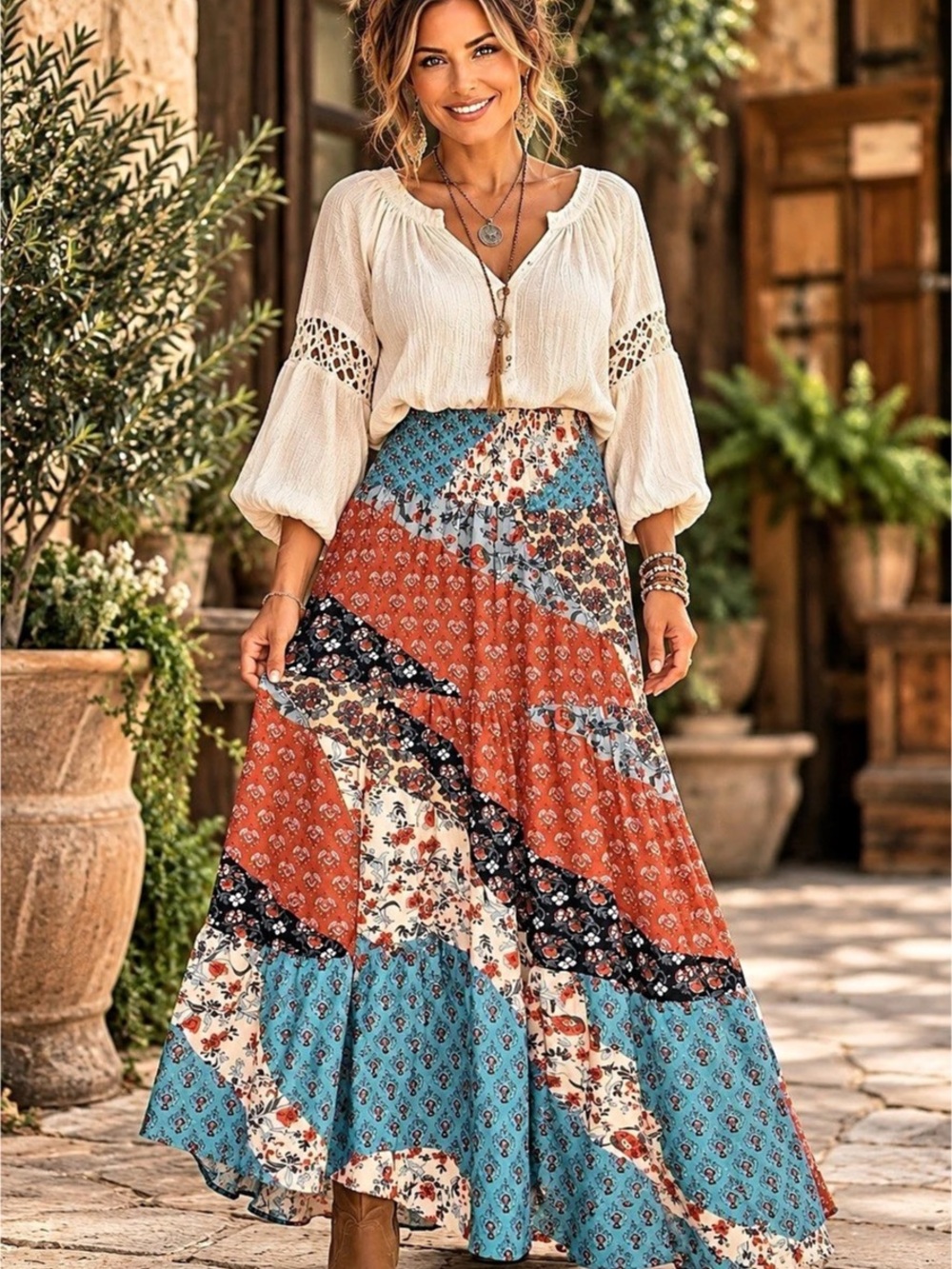 NWOT Boho Patchwork Floral Maxi Skirt Size M Stretch Waist
